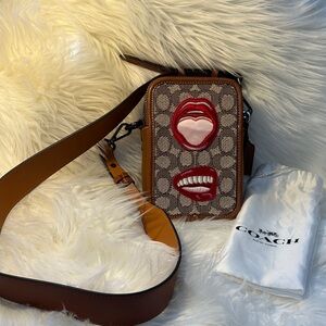 Coach Brown Signature Crossbody bag with Red Lip Appliqués